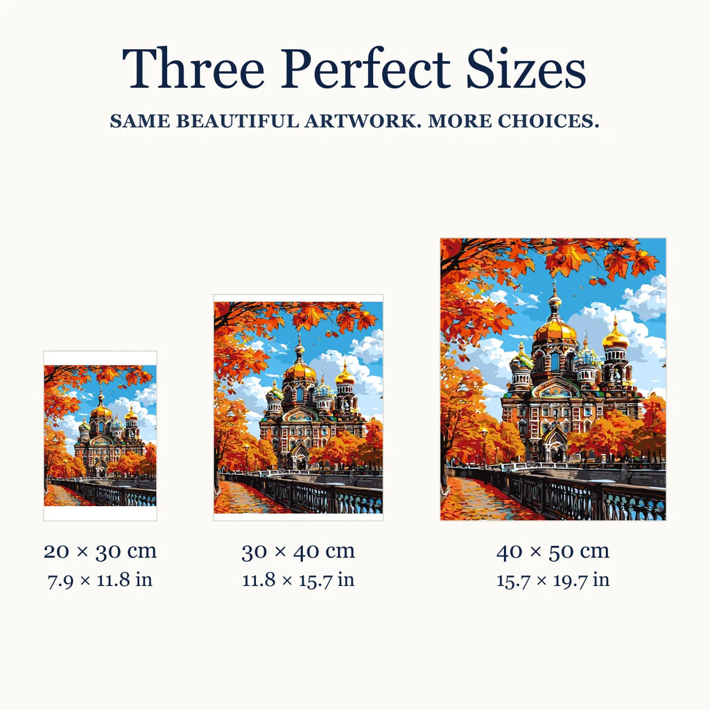 Size guide for Autumn Cathedral with Golden Domes Diamond Painting Kit: 20 × 30 cm, 30 × 40 cm, and 40 × 50 cm.