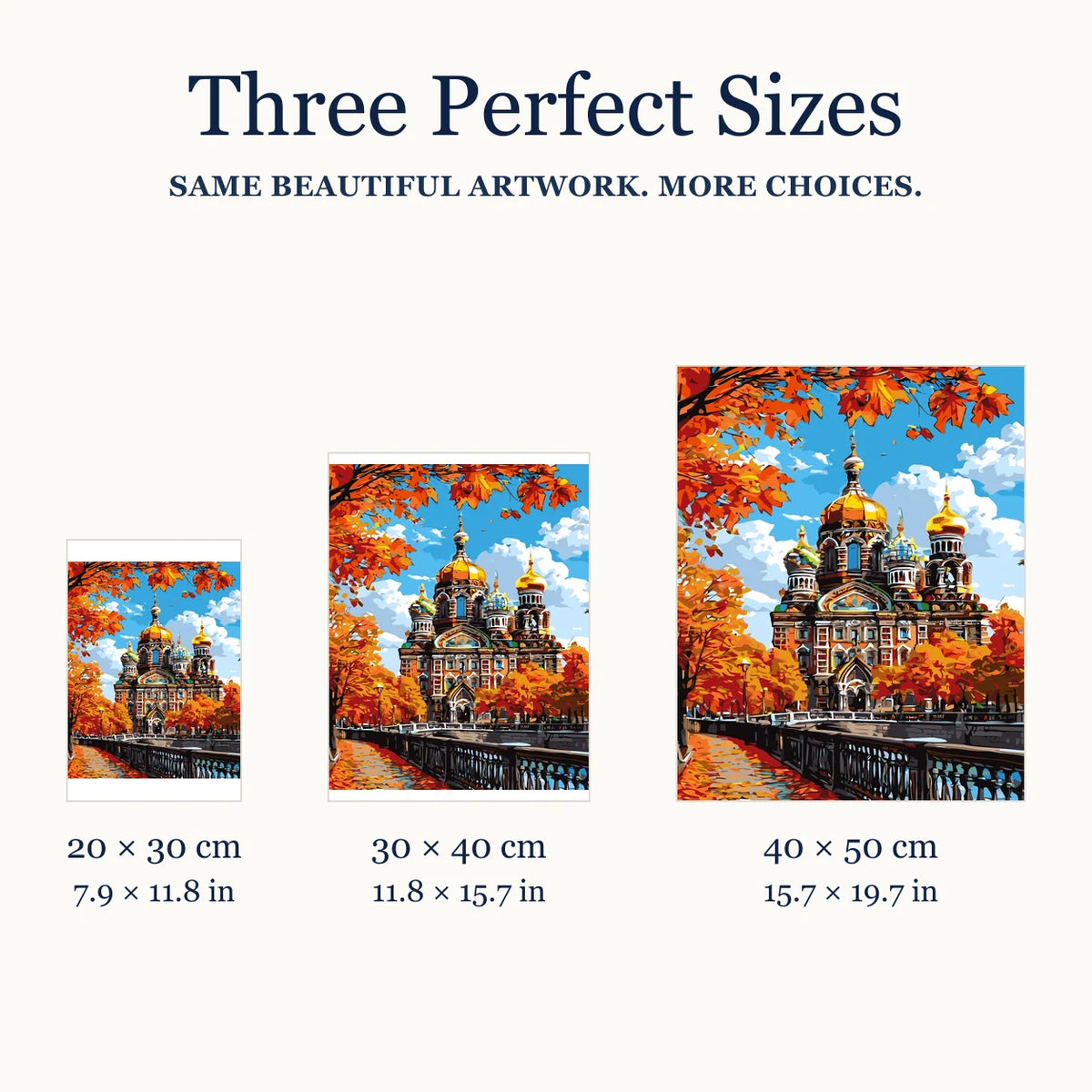 Size guide for Autumn Cathedral with Golden Domes Diamond Painting Kit: 20 × 30 cm, 30 × 40 cm, and 40 × 50 cm.