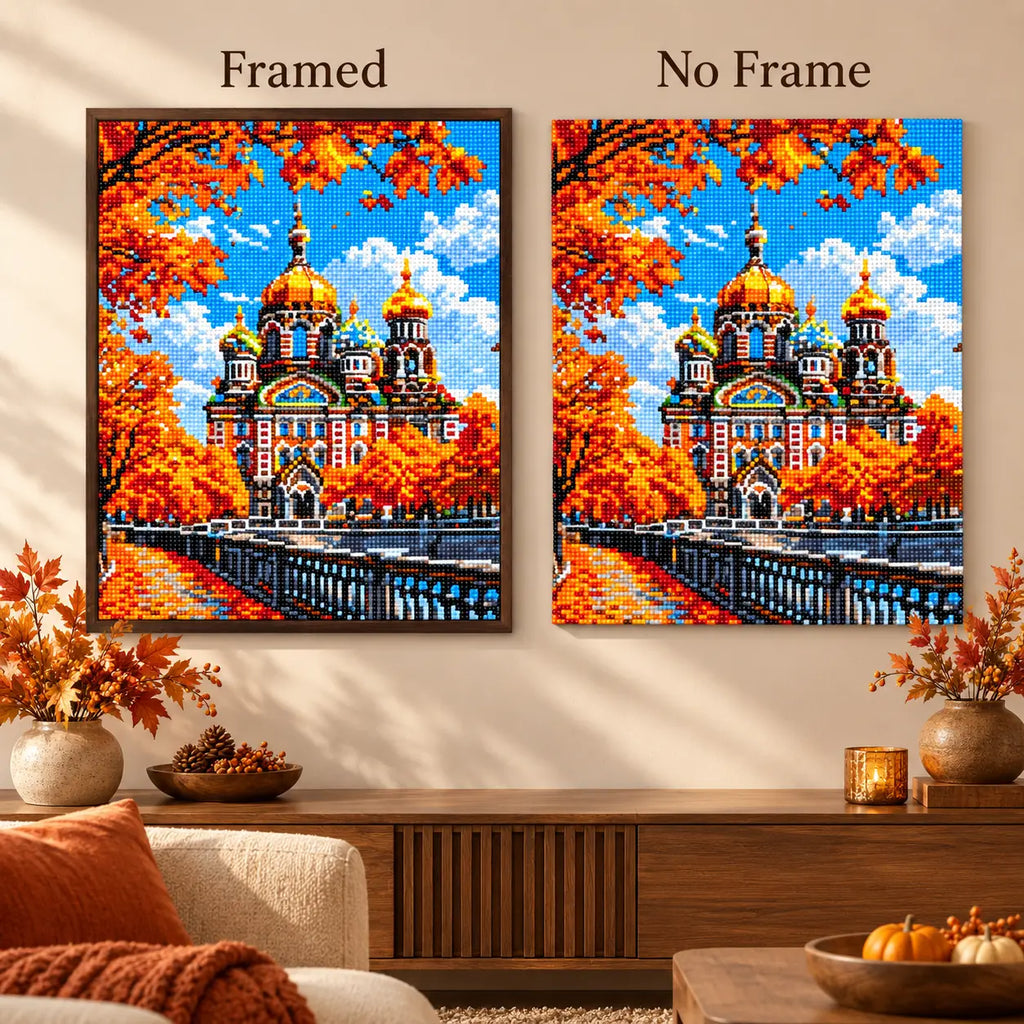 Framed and no-frame comparison for Autumn Cathedral with Golden Domes Diamond Painting Kit.