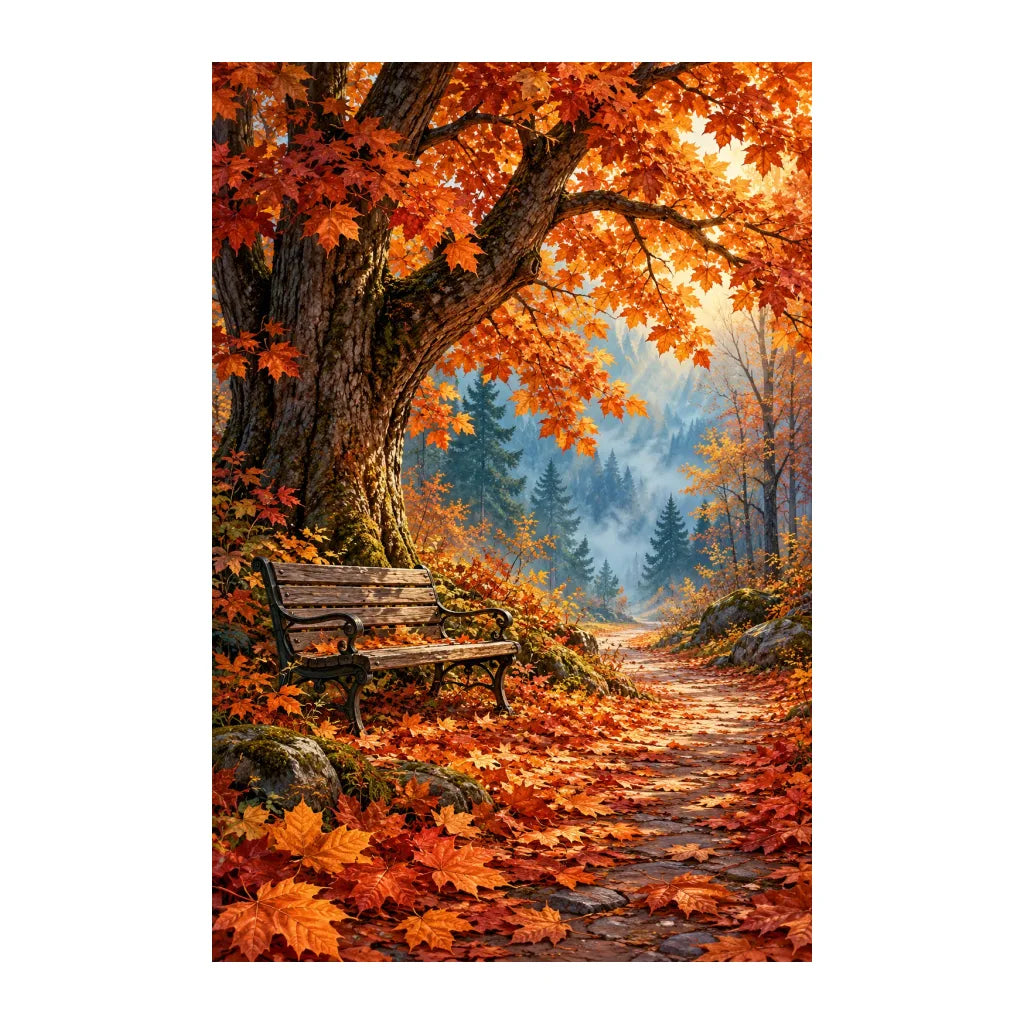 White-background original artwork of autumn maple bench path