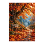 White-background finished diamond painting of autumn maple bench path