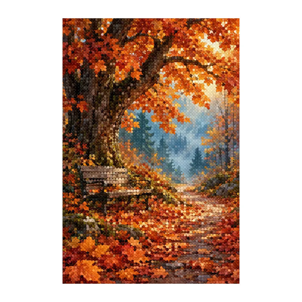 White-background finished diamond painting of autumn maple bench path
