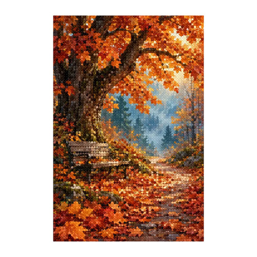 White-background finished diamond painting of autumn maple bench path
