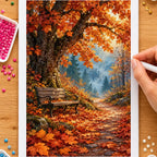 Hands placing drills on the autumn maple bench path diamond painting canvas