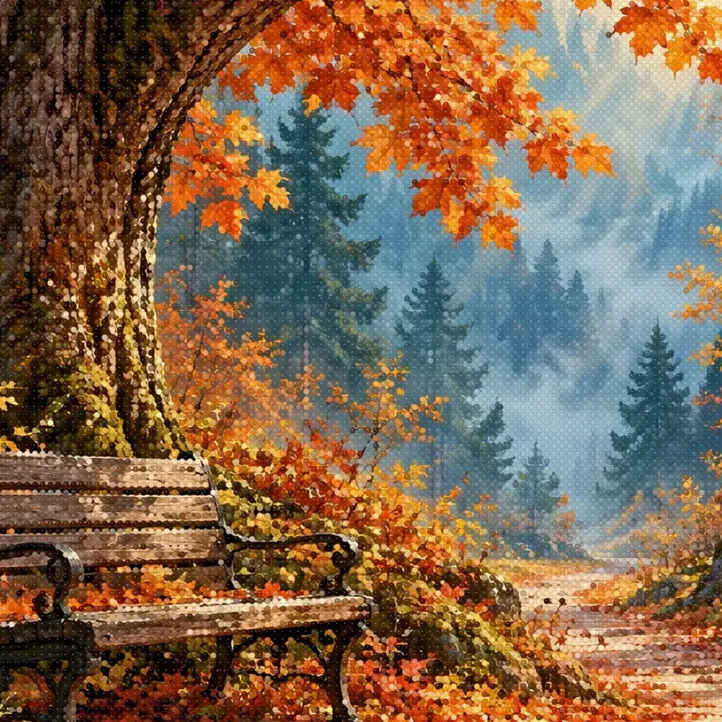 Close-up diamond detail of the autumn maple bench path diamond painting