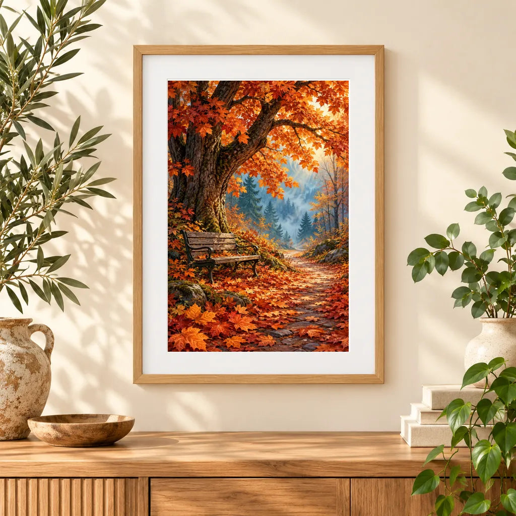 Framed home display of the autumn maple bench path diamond painting