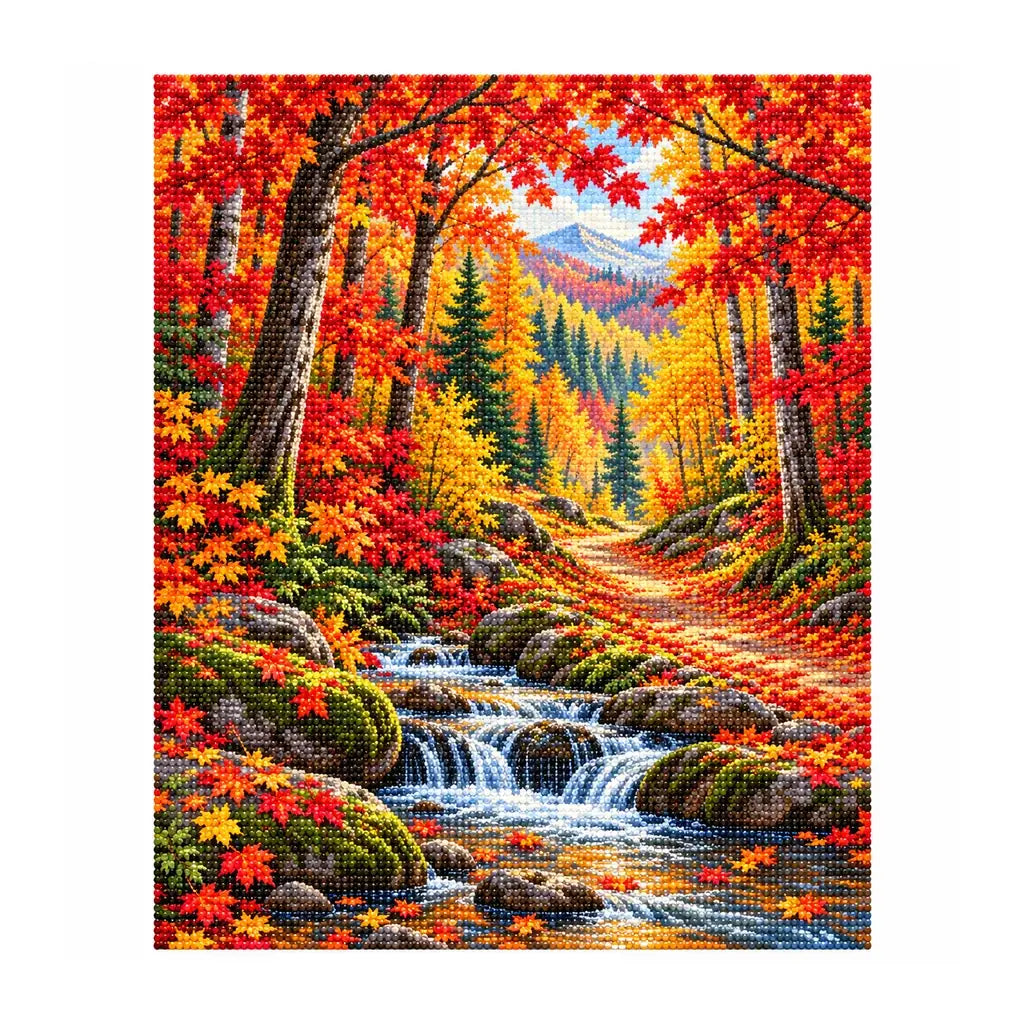 White-background finished diamond painting of Autumn Maple Forest.