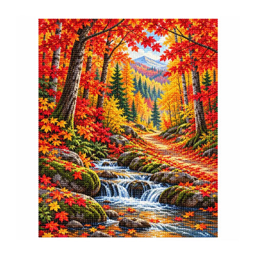 White-background finished diamond painting of Autumn Maple Forest.