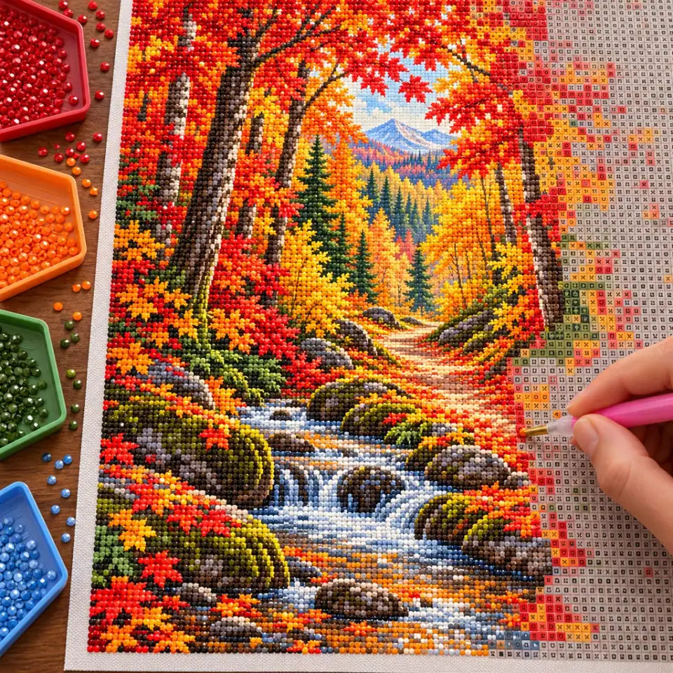Hands placing diamond drills on the Autumn Maple Forest design.