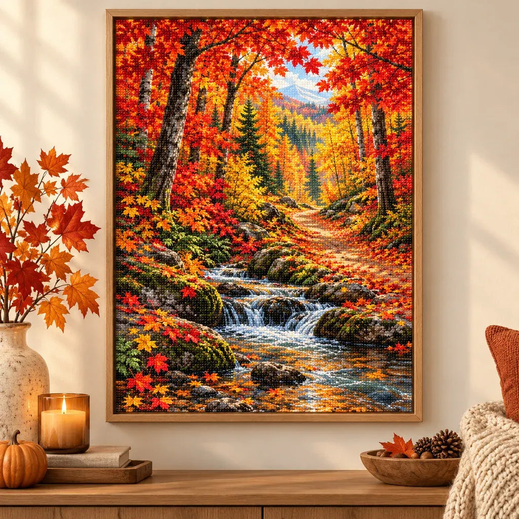 Framed Autumn Maple Forest diamond painting displayed as home decor.