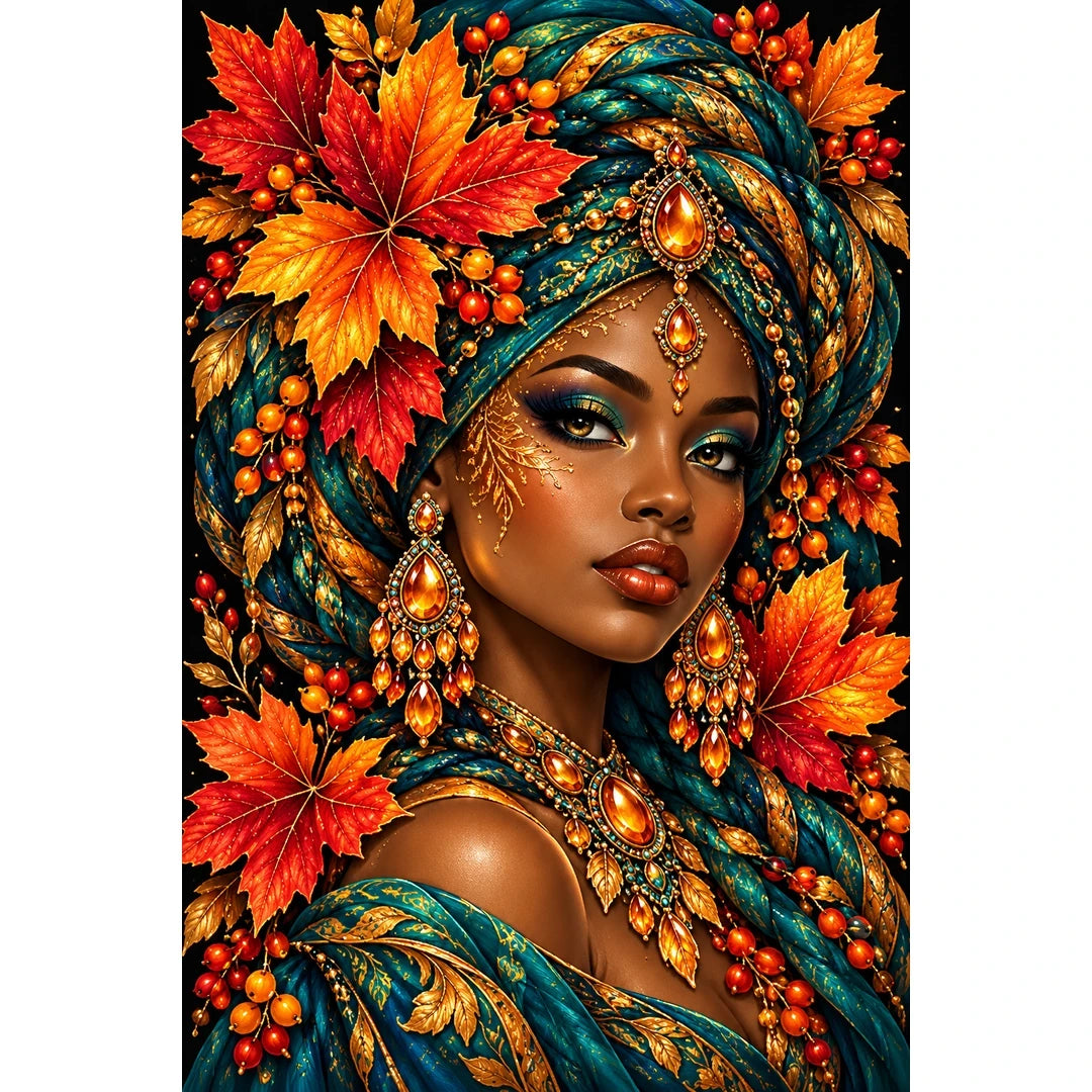 Autumn Maple Queen finished diamond painting on white background