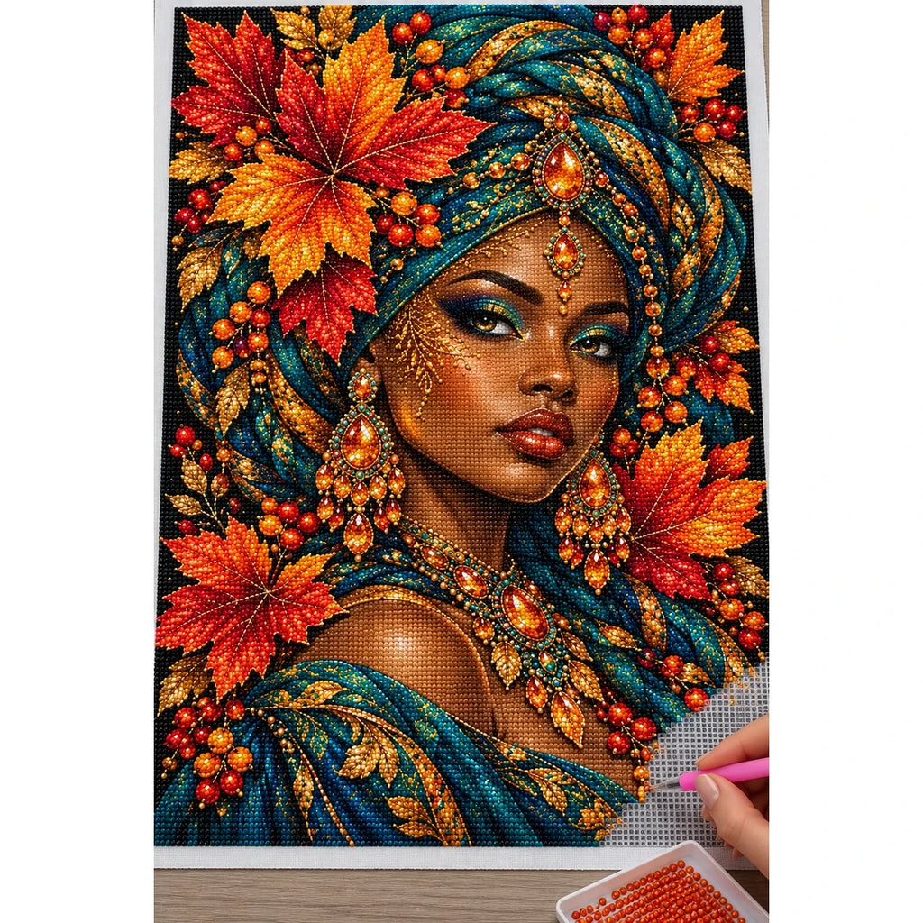 Autumn Maple Queen diamond painting process with pen and tray