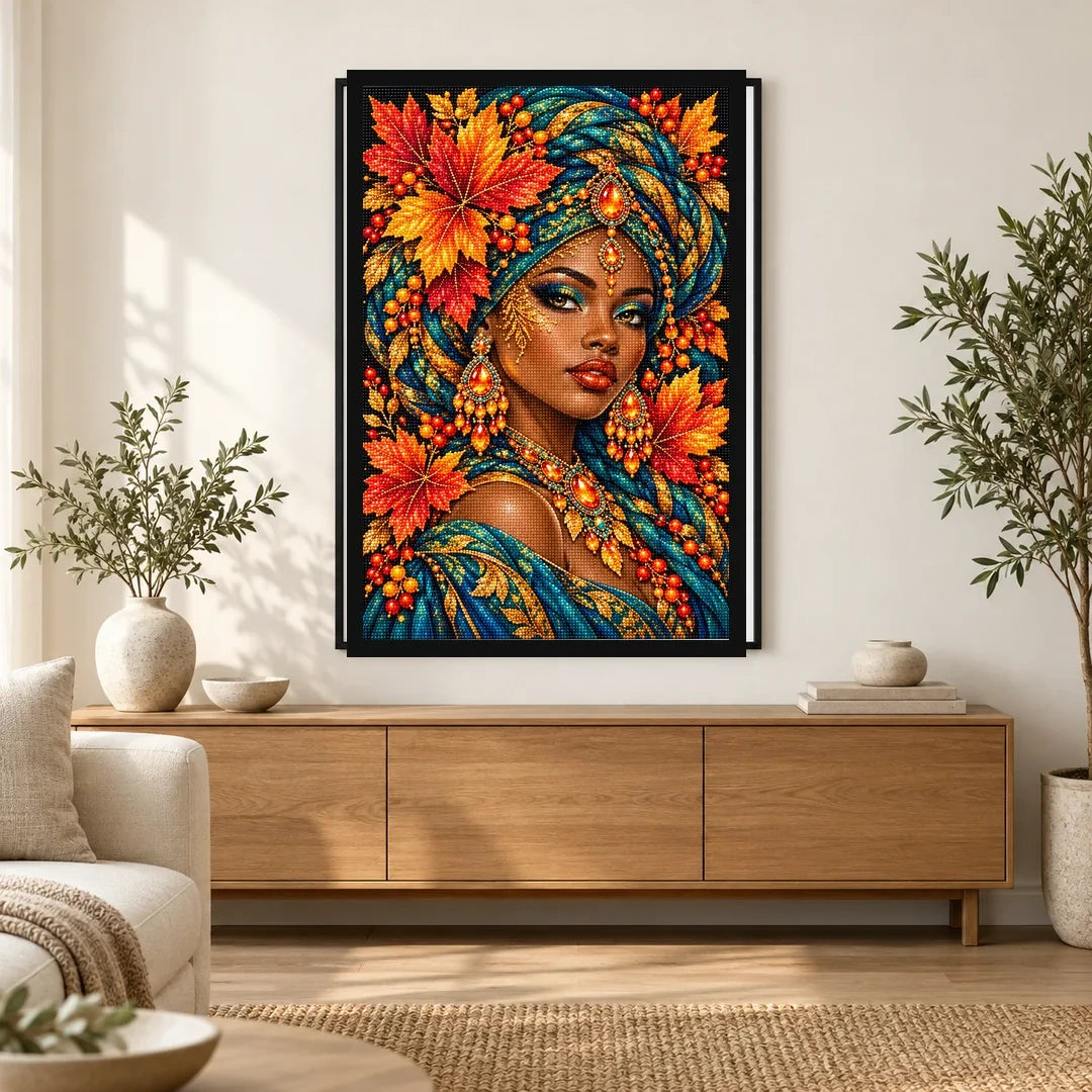 Autumn Maple Queen finished diamond painting in a home interior
