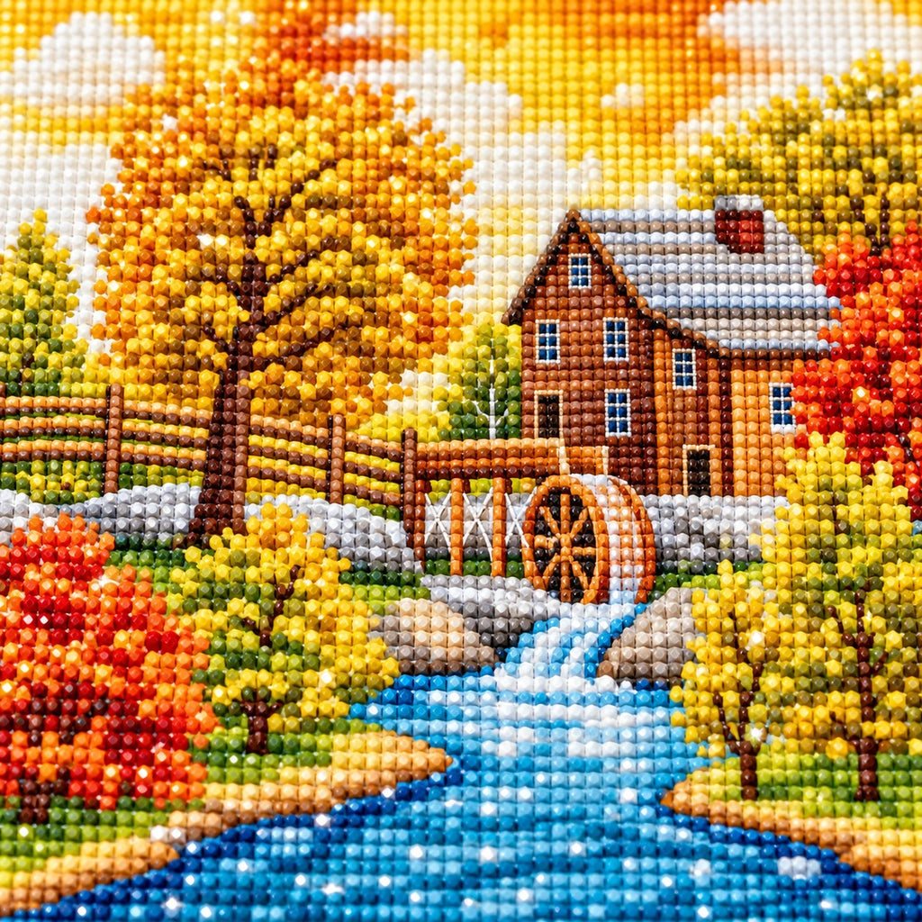 Autumn Mill Creek Diamond Painting Kit diamond painting drills and canvas detail
