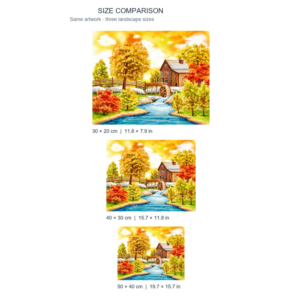 Autumn Mill Creek Diamond Painting Kit diamond painting landscape size comparison