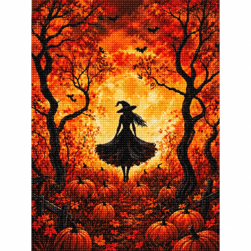 Autumn Moon Witch Diamond Painting Kit finished diamond artwork on white background