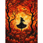 Autumn Moon Witch Diamond Painting Kit finished diamond artwork on white background