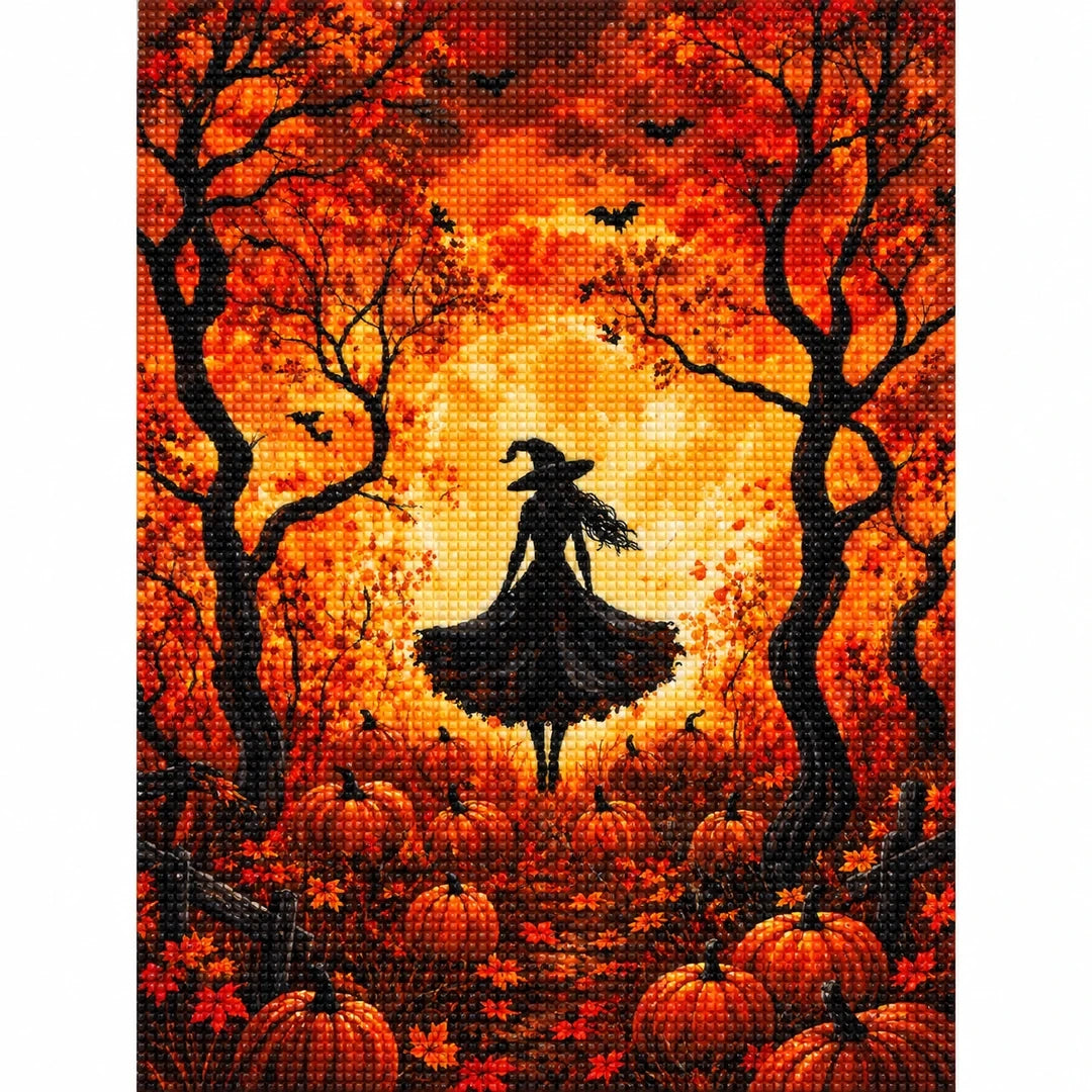 Autumn Moon Witch Diamond Painting Kit finished diamond artwork on white background