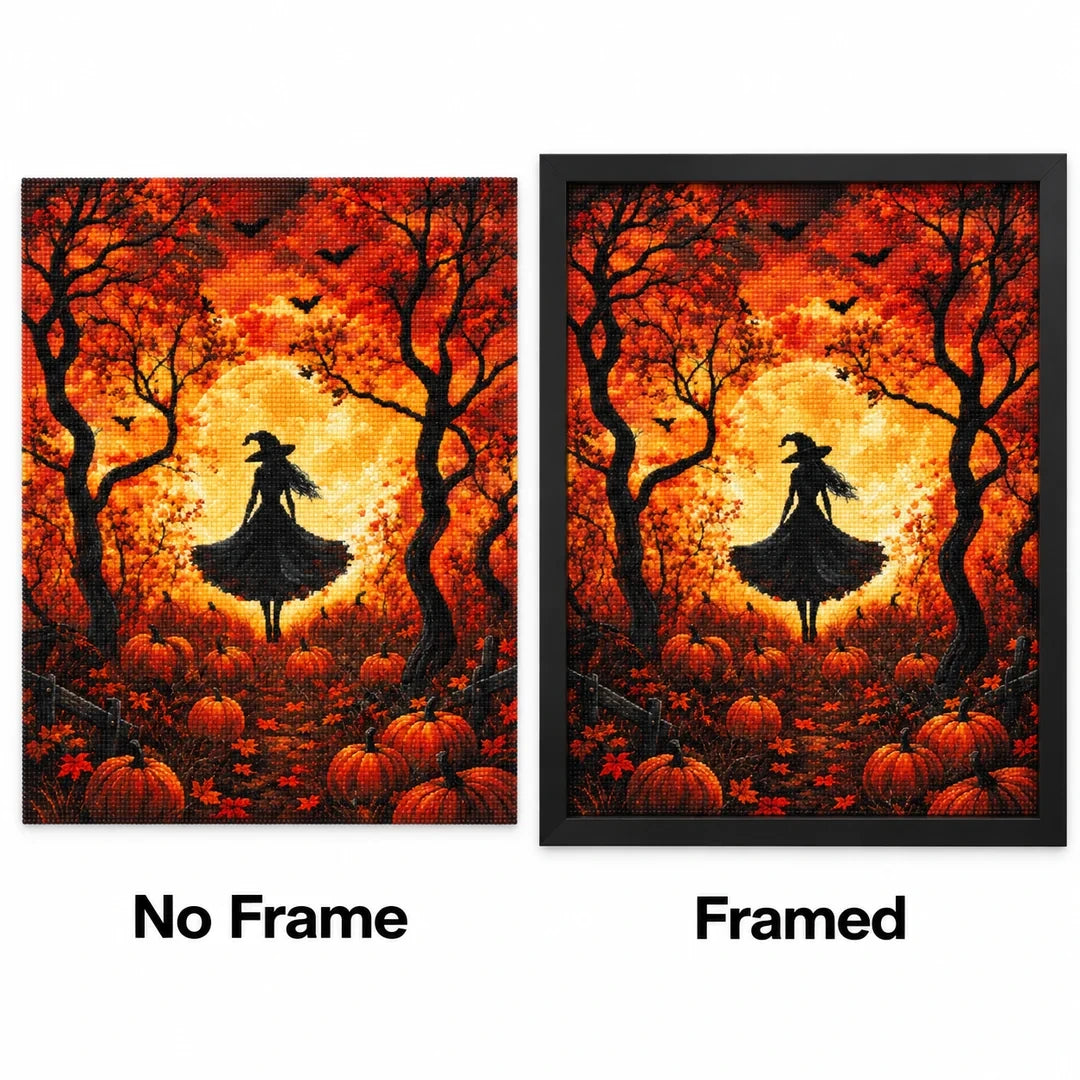 Autumn Moon Witch Diamond Painting Kit No Frame and Framed comparison