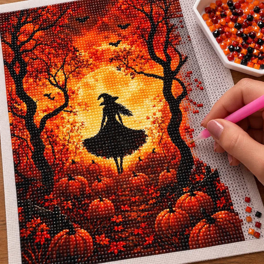Autumn Moon Witch Diamond Painting Kit diamond placement process