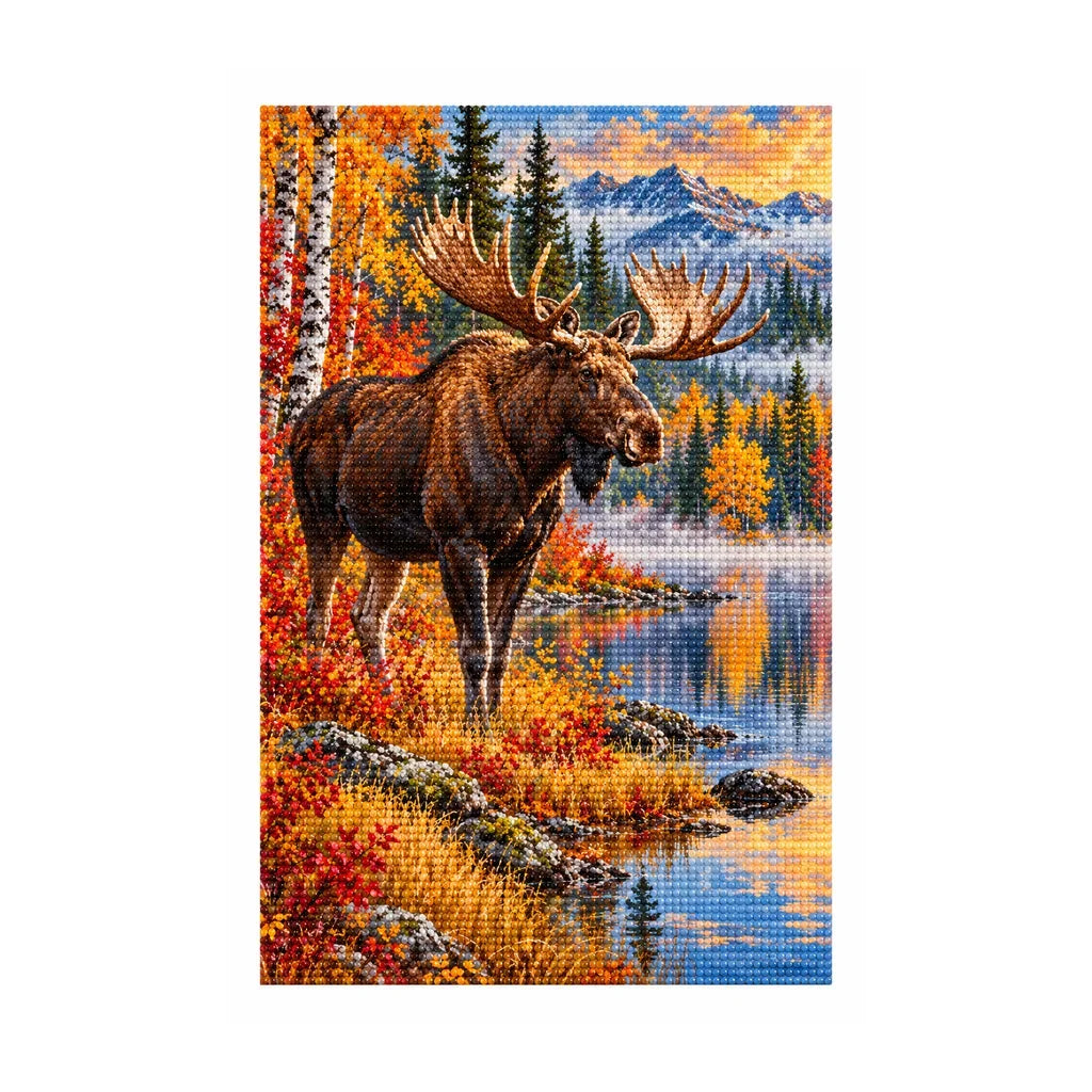 White-background finished diamond painting of Autumn Moose.