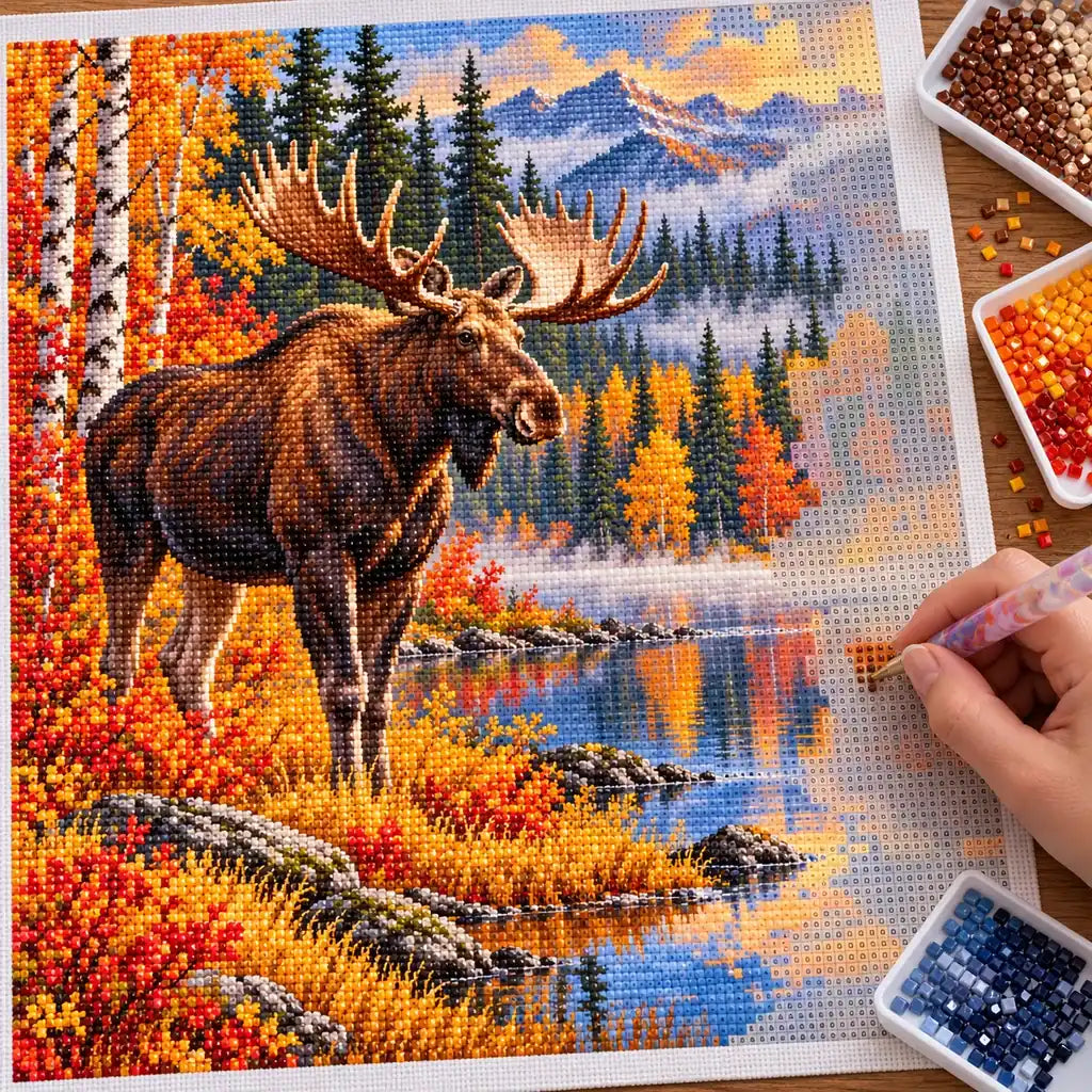 Hands placing diamond drills on the Autumn Moose design.