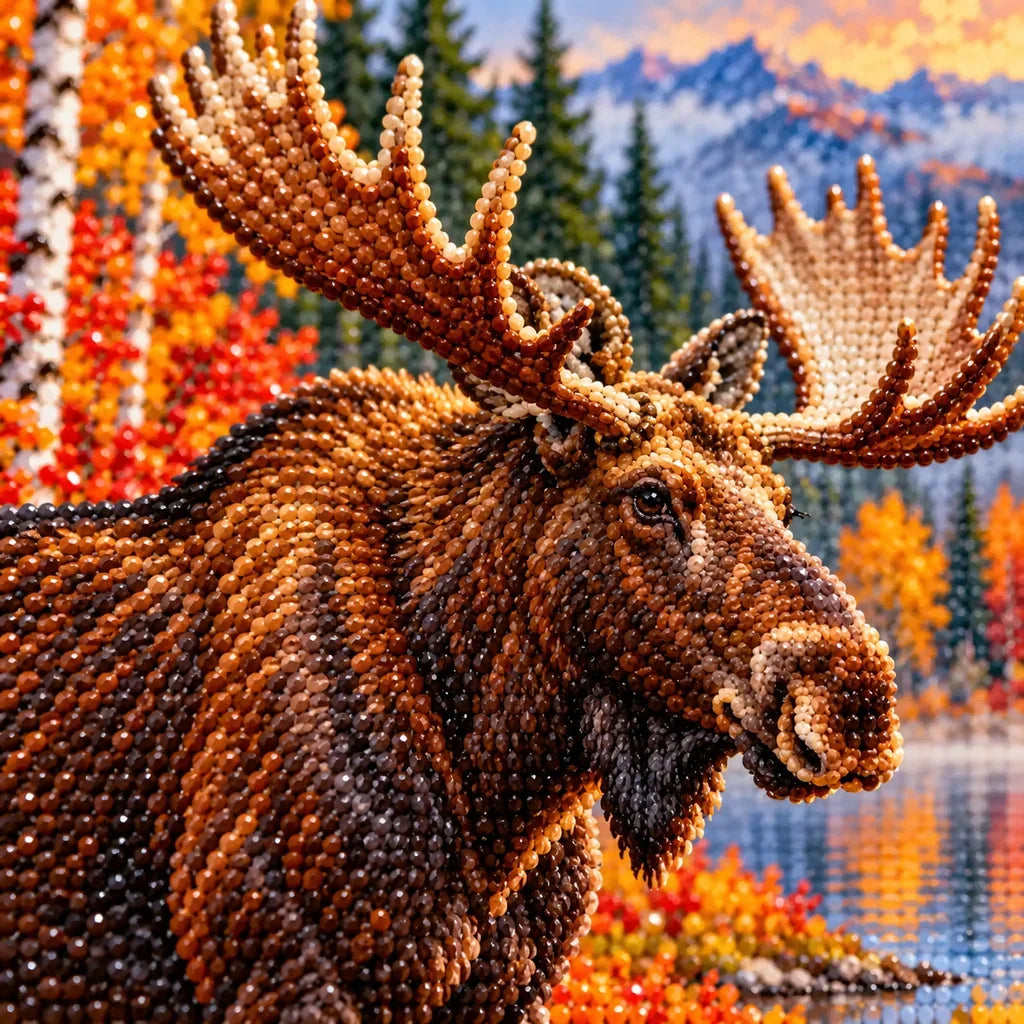Close-up of drill details in the Autumn Moose diamond painting.