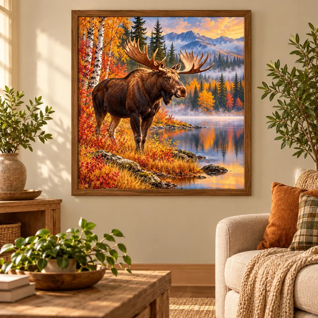 Framed Autumn Moose diamond painting displayed as home decor.