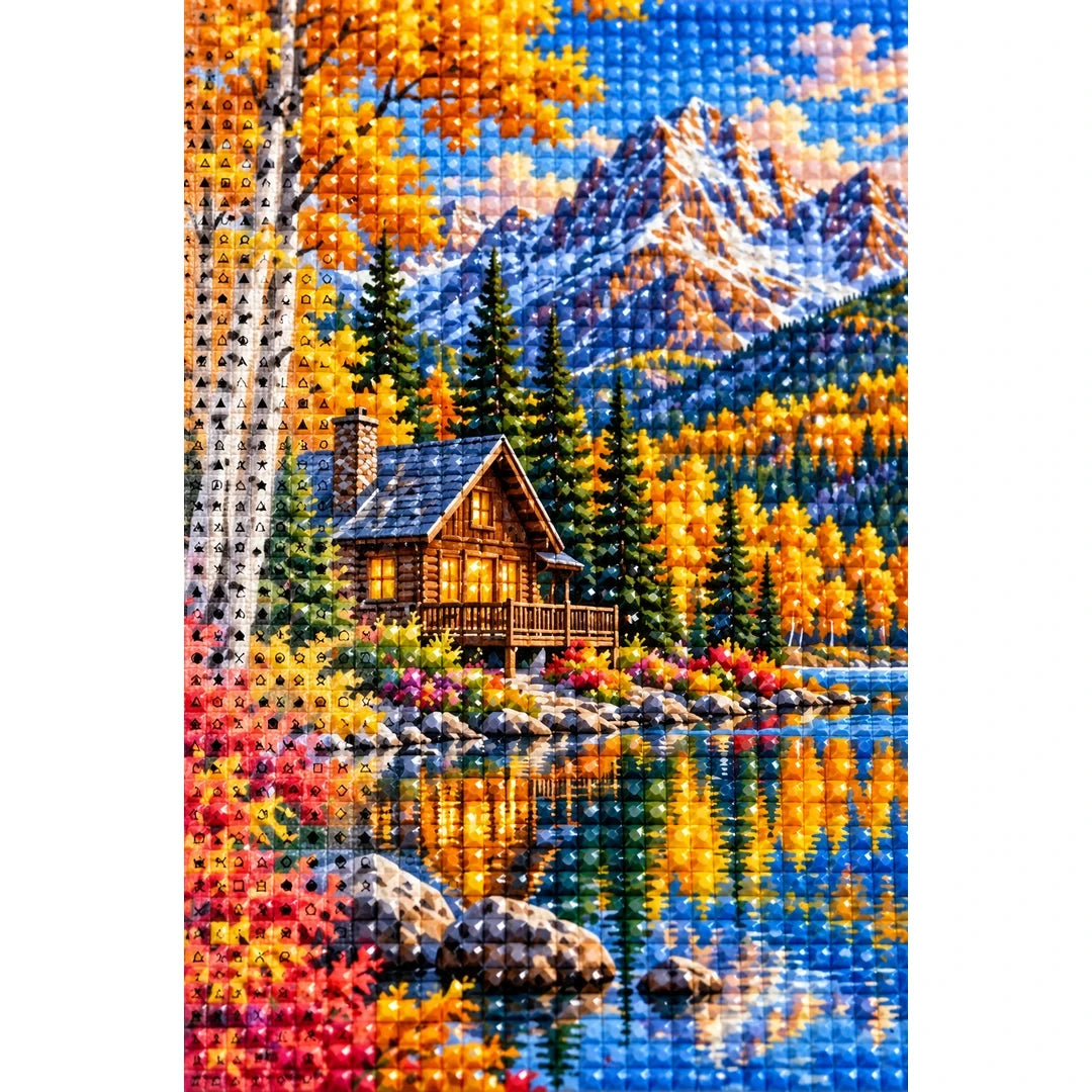 Autumn Mountain Cabin Lake diamond and canvas detail