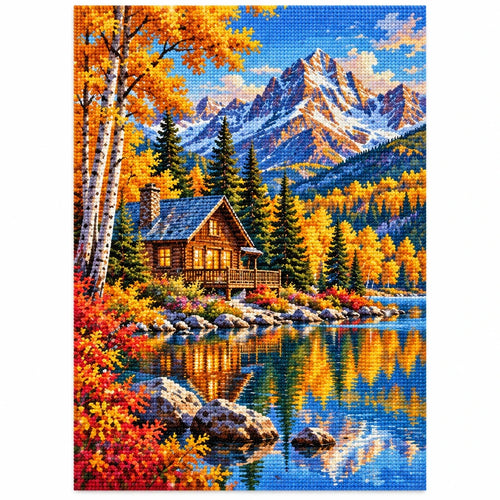 Autumn Mountain Cabin Lake finished diamond artwork on white background