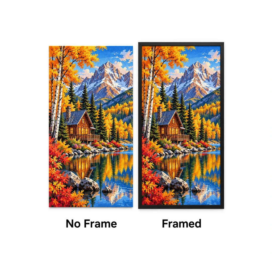 Autumn Mountain Cabin Lake No Frame and Framed comparison