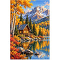 Autumn Mountain Cabin Lake original artwork on white background