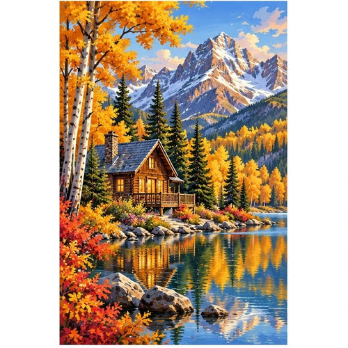 Autumn Mountain Cabin Lake original artwork on white background