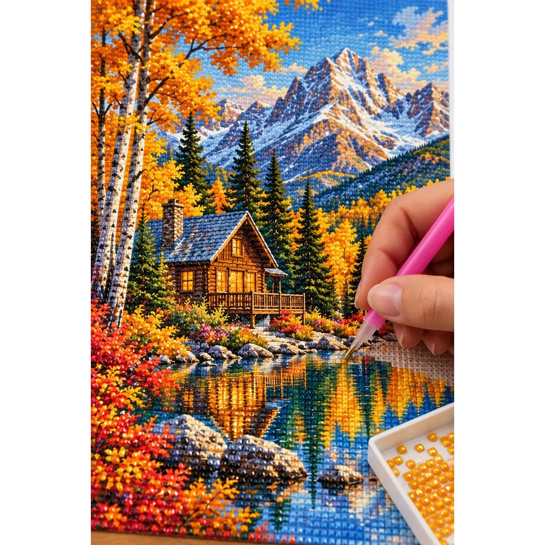Autumn Mountain Cabin Lake diamond placement process