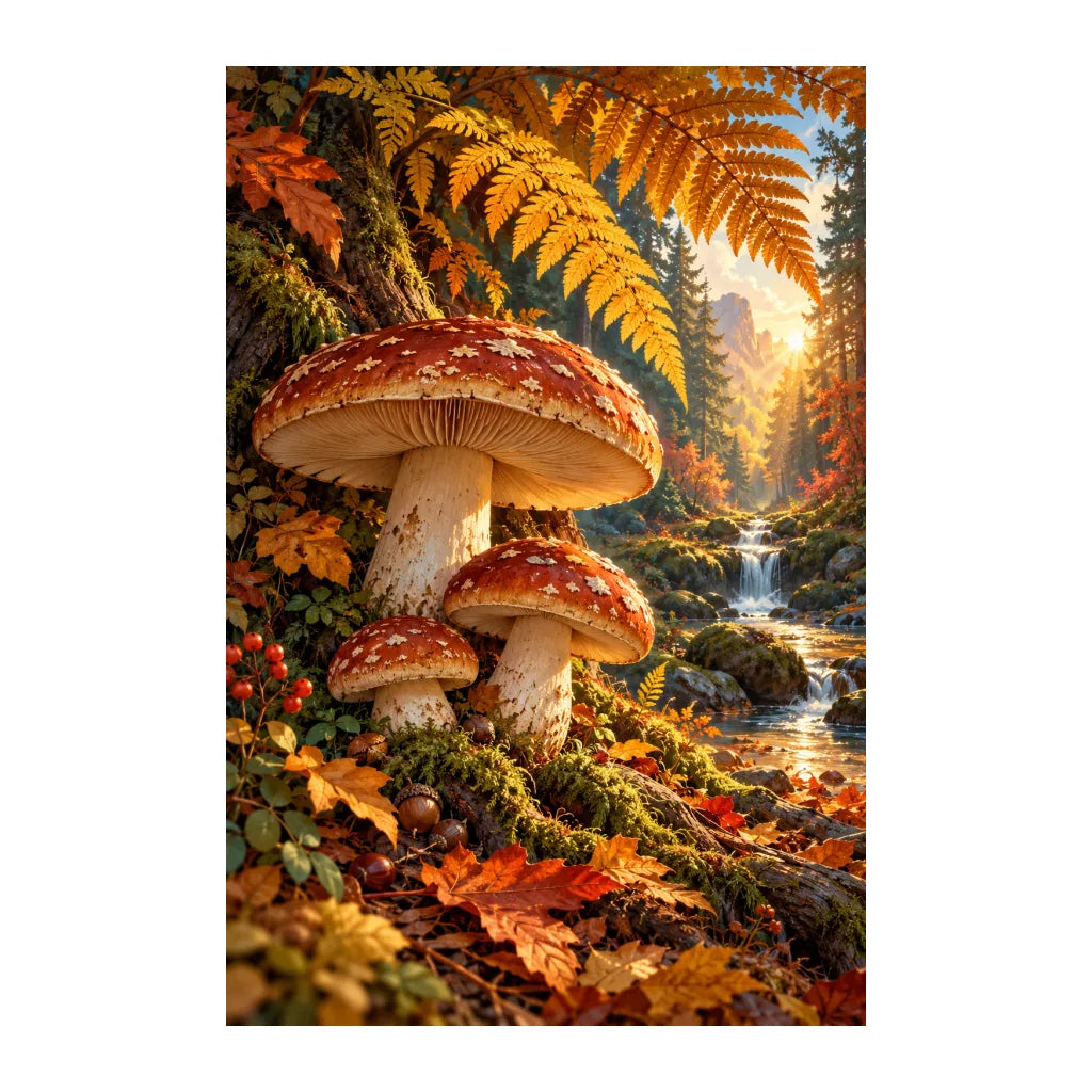 White-background original artwork of autumn mushroom woodland