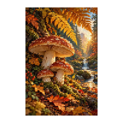 White-background finished diamond painting of autumn mushroom woodland