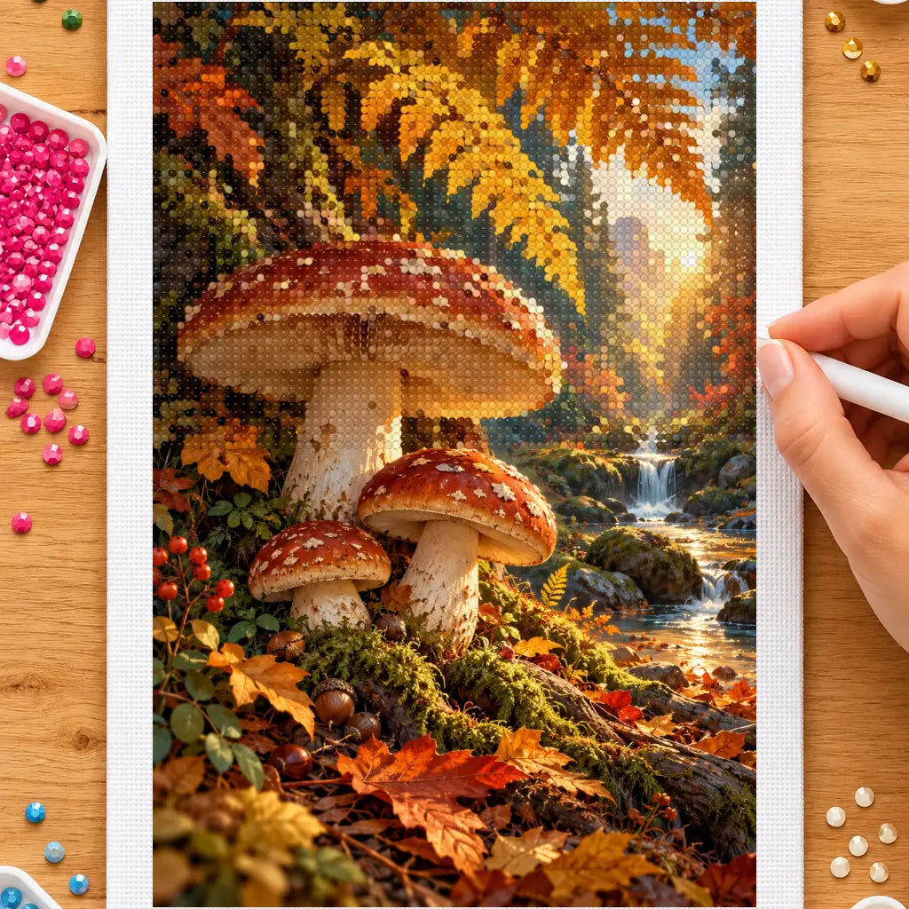 Hands placing drills on the autumn mushroom woodland diamond painting canvas