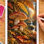 Hands placing drills on the autumn mushroom woodland diamond painting canvas