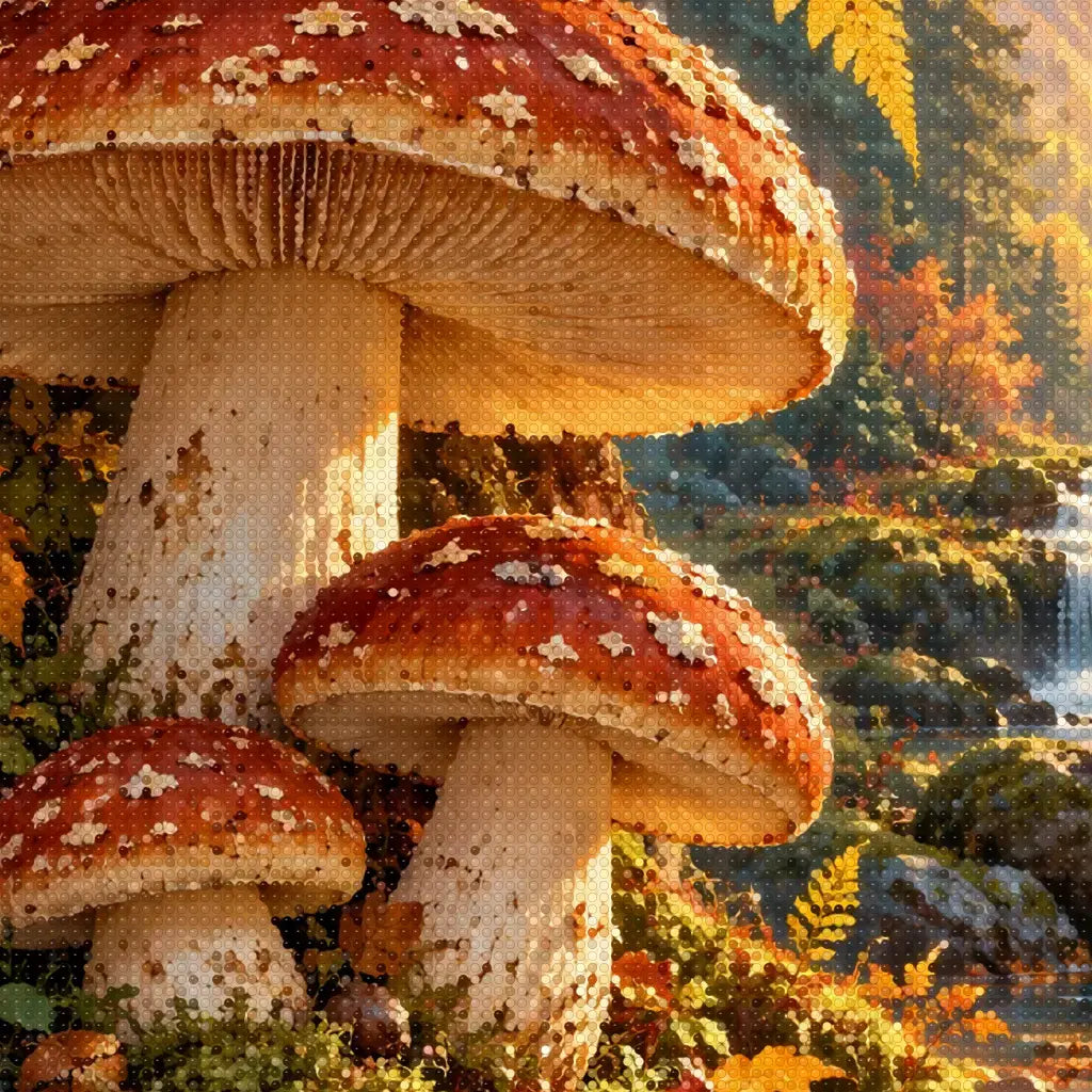 Close-up diamond detail of the autumn mushroom woodland diamond painting