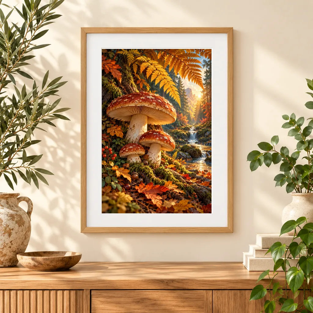 Framed home display of the autumn mushroom woodland diamond painting