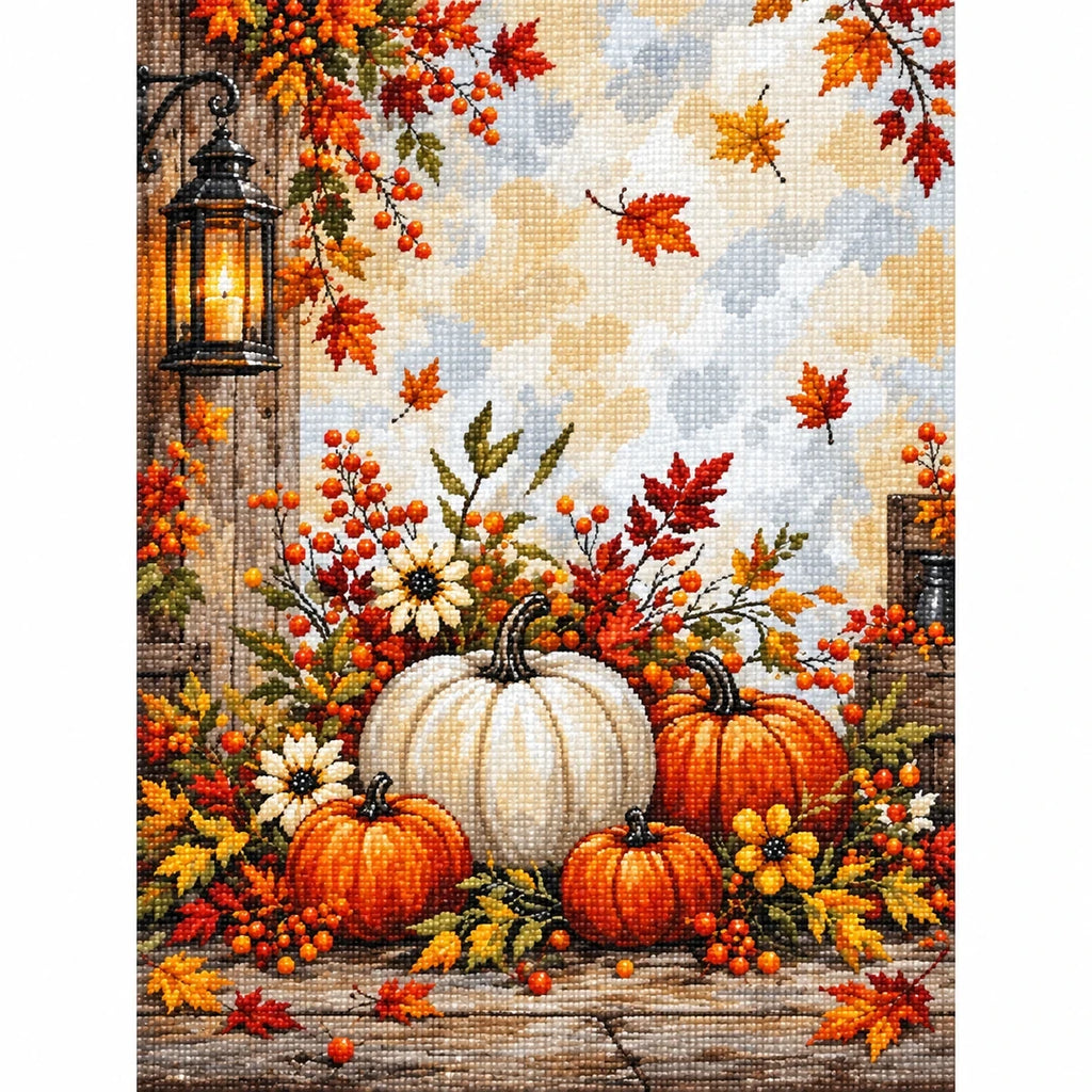 Autumn Pumpkin Lantern Diamond Painting Kit finished diamond artwork on white background