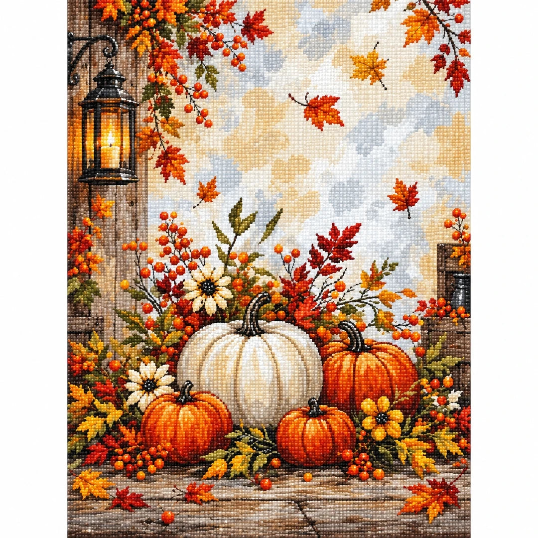 Autumn Pumpkin Lantern Diamond Painting Kit finished diamond artwork on white background