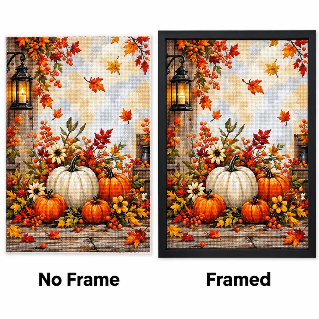 Autumn Pumpkin Lantern Diamond Painting Kit No Frame and Framed comparison