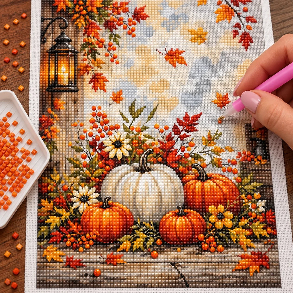 Autumn Pumpkin Lantern Diamond Painting Kit diamond placement process