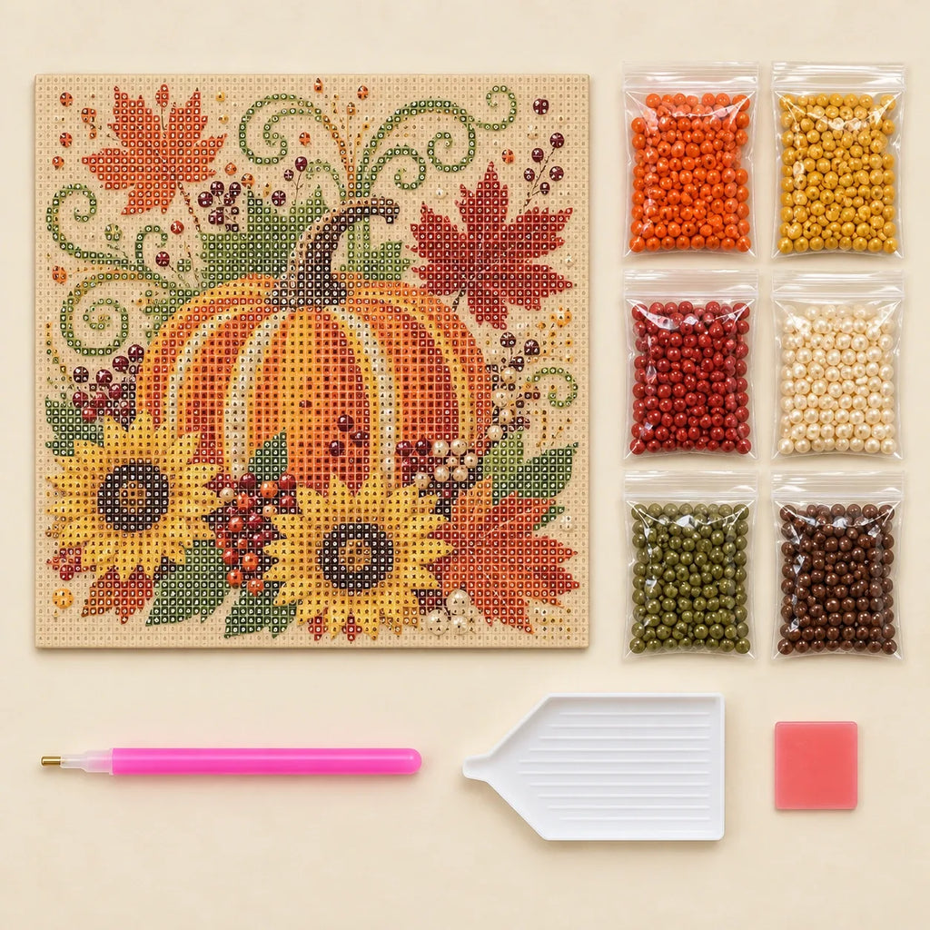 Autumn Pumpkin and Sunflowers Pearl Diamond Painting Kit kit image