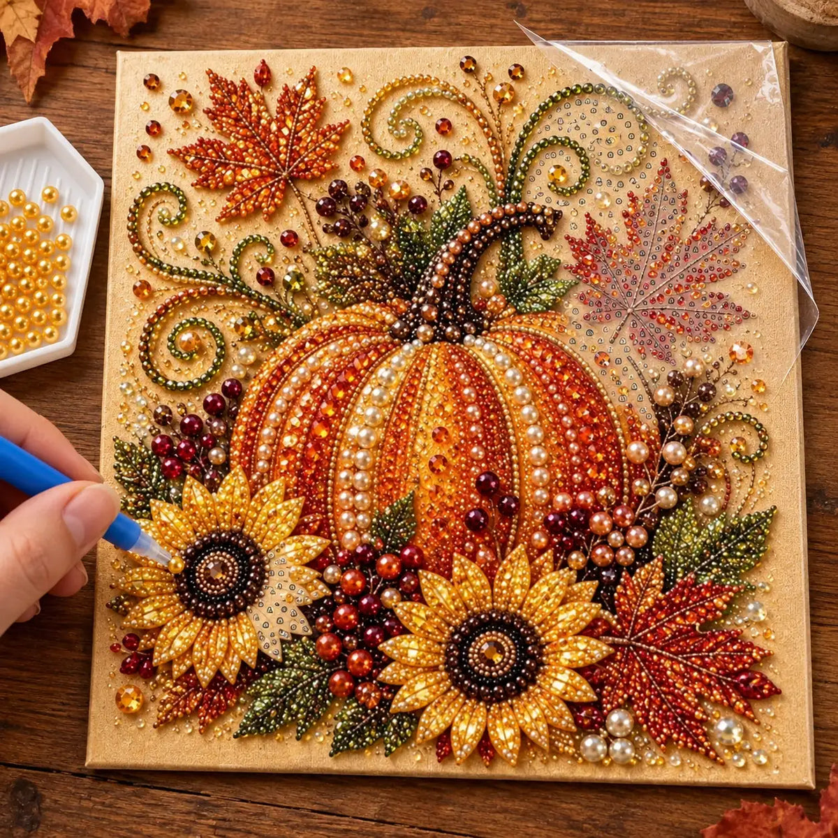 Autumn Pumpkin and Sunflowers Pearl Diamond Painting Kit process image