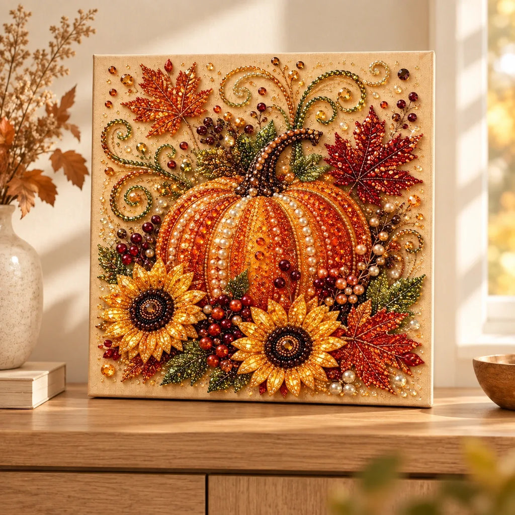 Autumn Pumpkin and Sunflowers Pearl Diamond Painting Kit room image