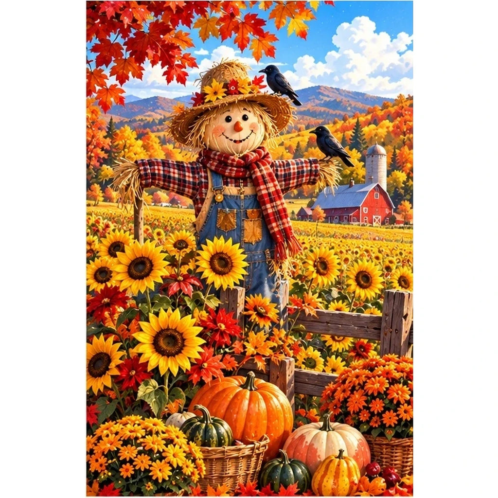 Autumn Scarecrow Sunflower Field — original artwork on a clean white background