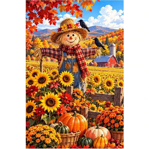 Autumn Scarecrow Sunflower Field — original artwork on a clean white background