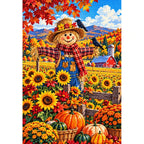 Autumn Scarecrow Sunflower Field — finished diamond painting on a white background